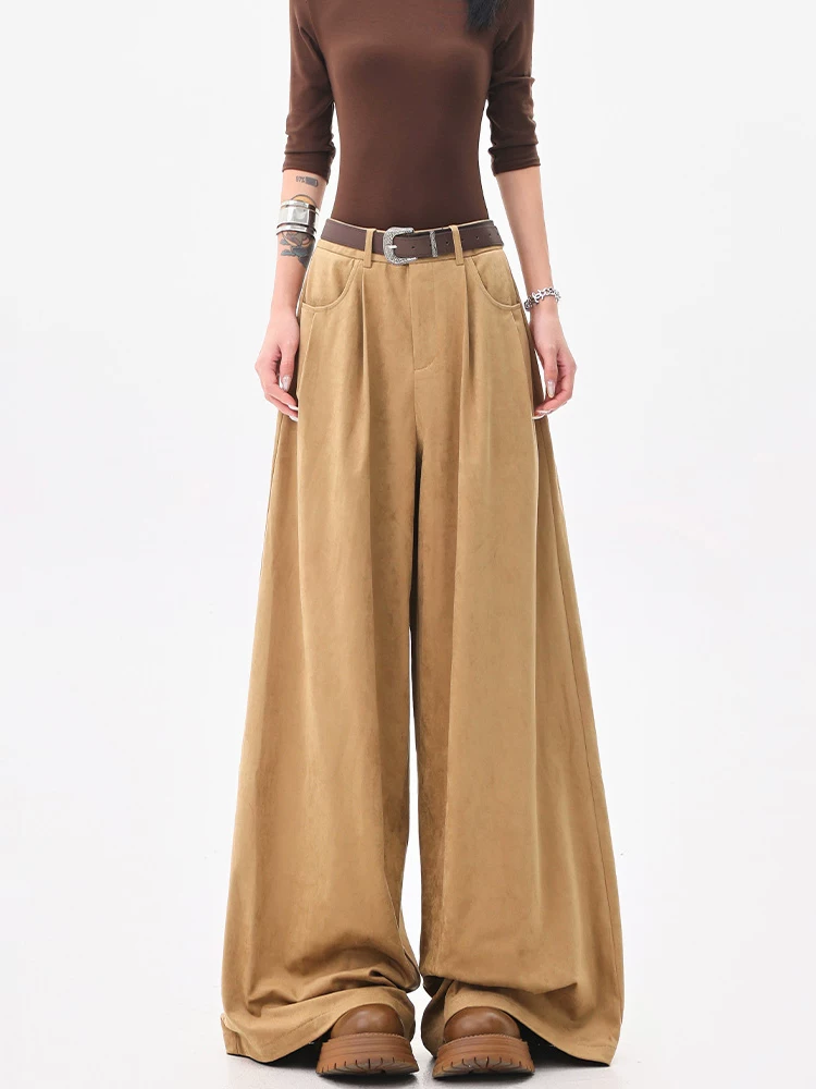 KEN STUDIO Quần tây ống rộng da lộn màu kaki mới thu đông dành cho nữ, quần cạp cao, dáng rộng, quần thường ngày giúp giảm béo