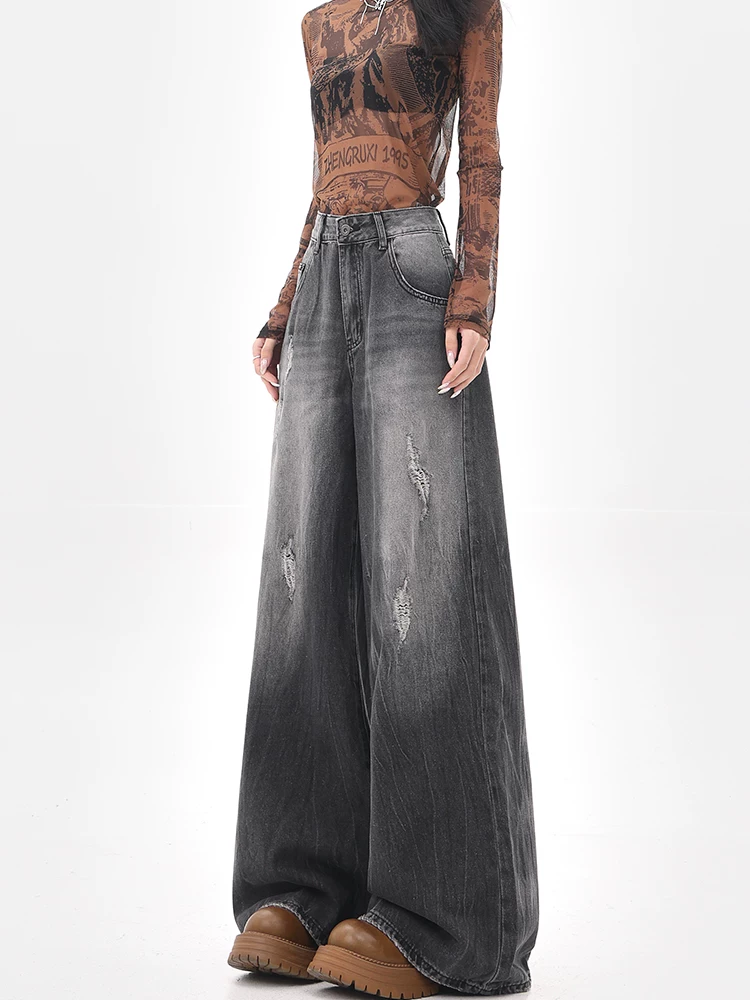 KEN STUDIO đầu mùa thu quần jean rách màu đen mới được giặt sạch dành cho nữ quần ống rộng phong cách retro kiểu Mỹ