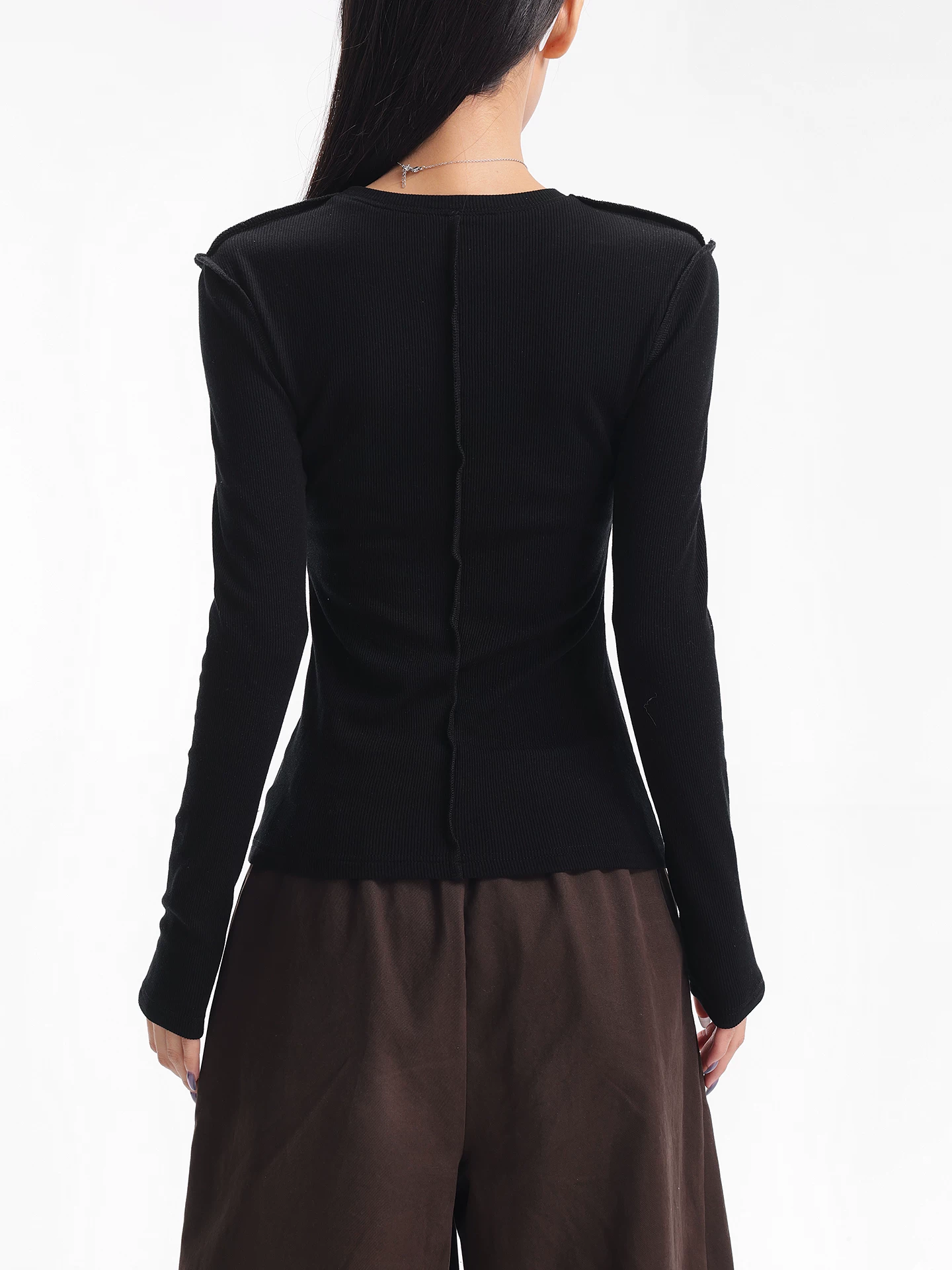 Áo thun dài tay dệt kim màu đen thường ngày của KEN STUDIO mùa thu đông dành cho nữ, áo sơ mi cơ bản có họa tiết ôm vừa vặn