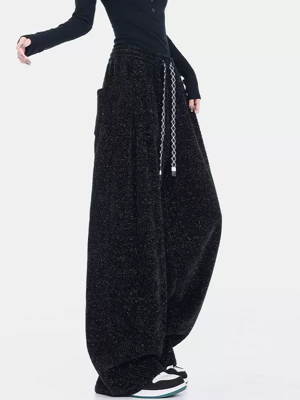 KEN STUDIO quần dài có dây rút lót lông cừu mùa thu đông màu đen dành cho nữ, quần ống rộng dáng rộng giảm béo