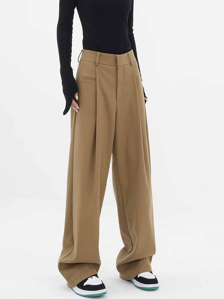 KEN STUDIO quần tây ống đứng màu kaki dày dặn mùa thu đông dành cho nữ, quần ống đứng drapey, quần thường ngày, quần công sở.