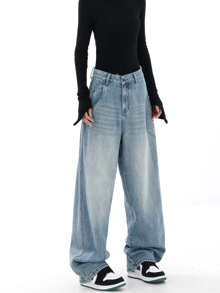 KEN STUDIO thiết kế độc đáo quần jean denim thêu thêu dành cho nữ có túi lớn, lưng cao, quần ống rộng cổ điển, quần ống thẳng