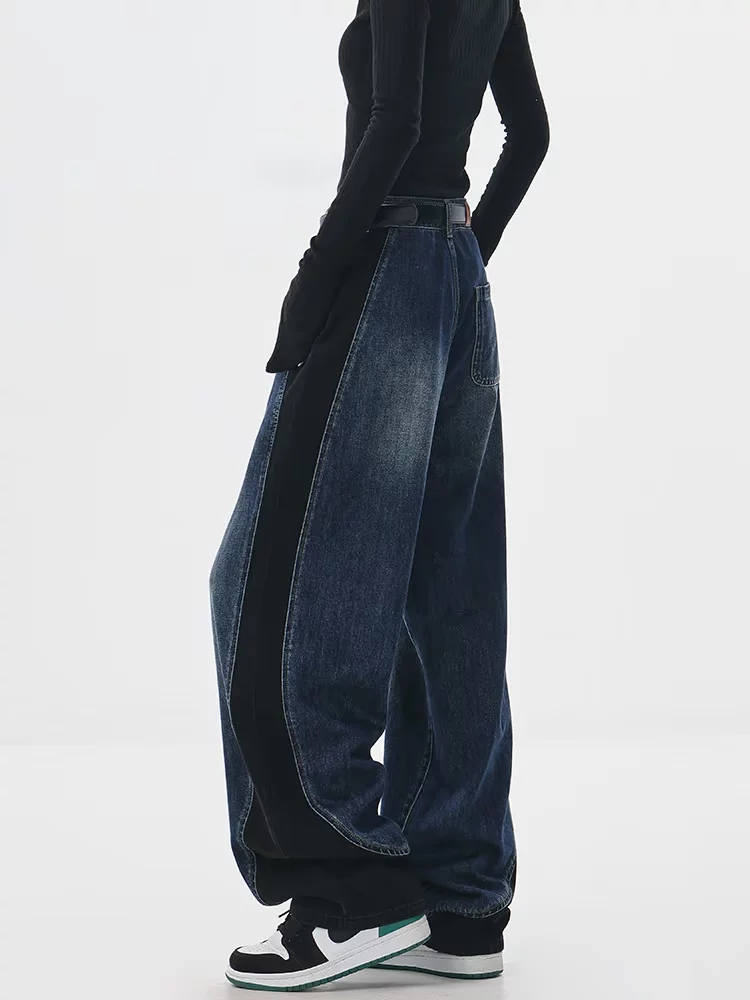 KEN STUDIO quần jean phối màu chắp vá mùa thu đông mới dành cho nữ, quần ống rộng dáng rộng sành điệu, quần chuối