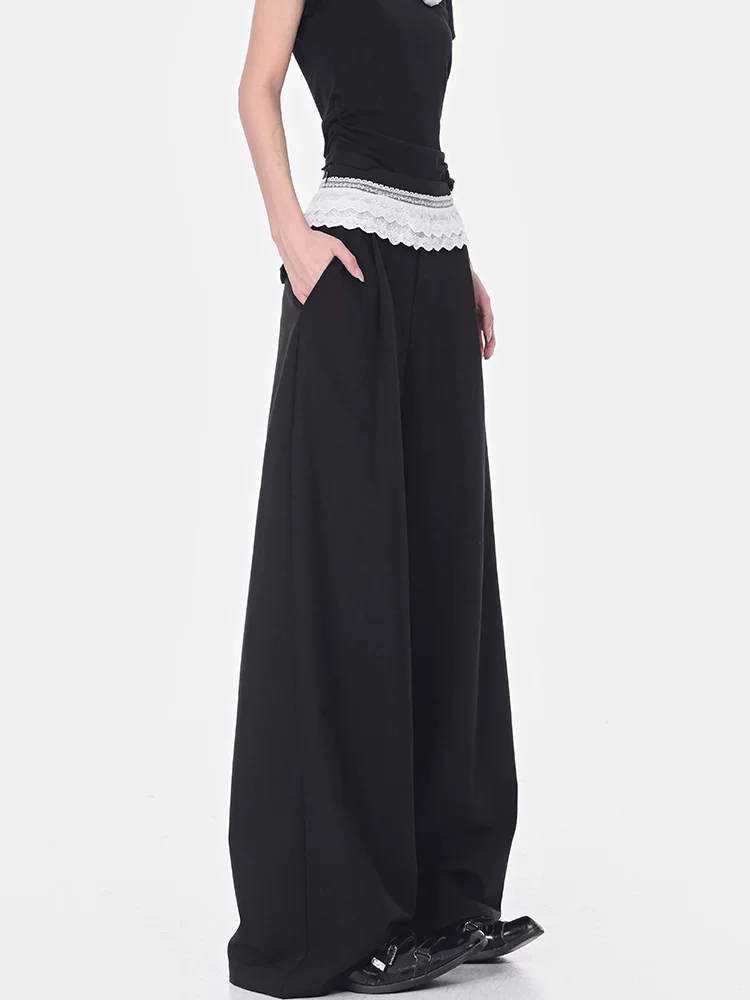 Quần vest chắp vá viền ren đen của KEN STUDIO dành cho nữ, phong cách mùa hè mới, quần ống rộng dài đến sàn, dáng rộng và xếp nếp