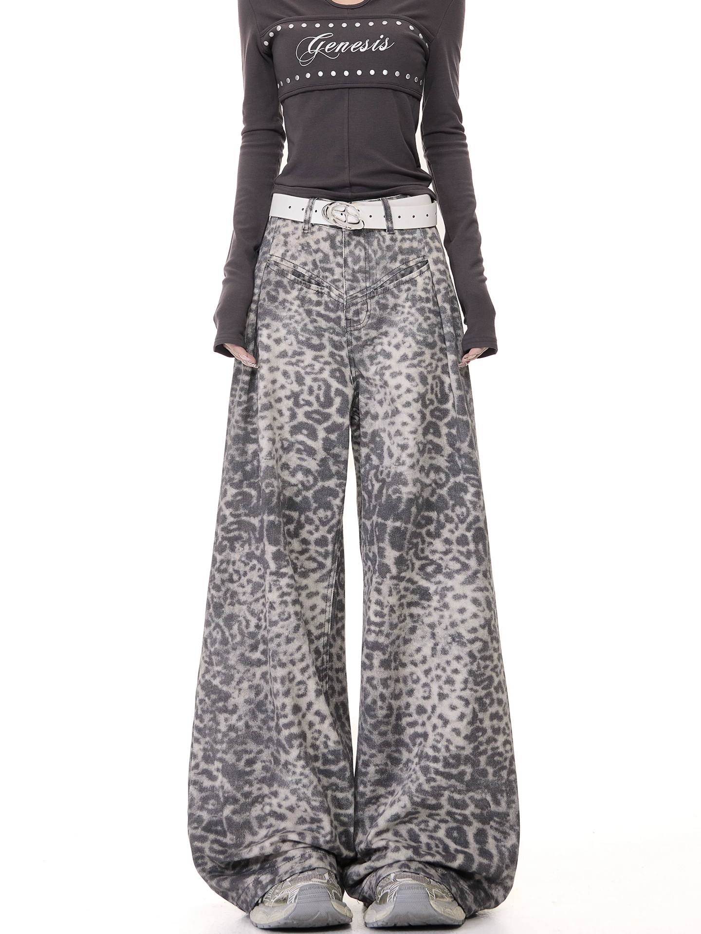 Quần jeans nữ KEN STUDIO Xuân Thu kiểu Mỹ mới, họa tiết da báo, cạp cao, dáng thẳng, tôn dáng, ống rộng