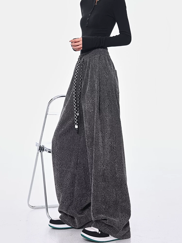 KEN STUDIO quần dài có dây rút lót lông cừu mùa thu đông màu xám bầu trời đầy sao dành cho nữ, quần ống rộng dáng rộng giảm béo