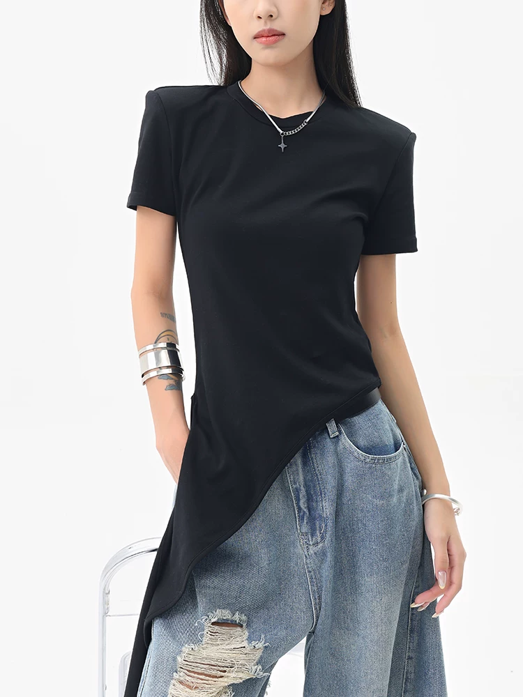 Áo thun ngắn tay xẻ tà bất đối xứng màu đen của KEN STUDIO dành cho nữ, thiết kế mùa hè, áo ôm vừa vặn