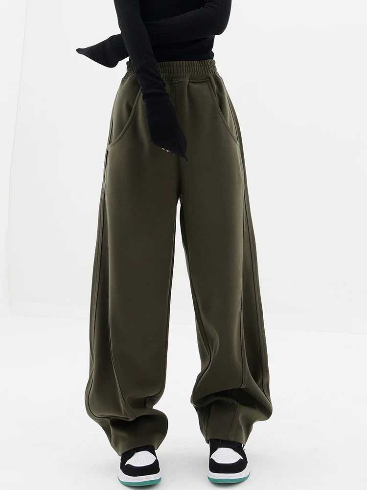 KEN STUDIO quần mùa thu đông dày dặn kiểu dáng lưỡi liềm quần thể thao nữ giữ ấm quần thể thao ống rộng quần thường ngày