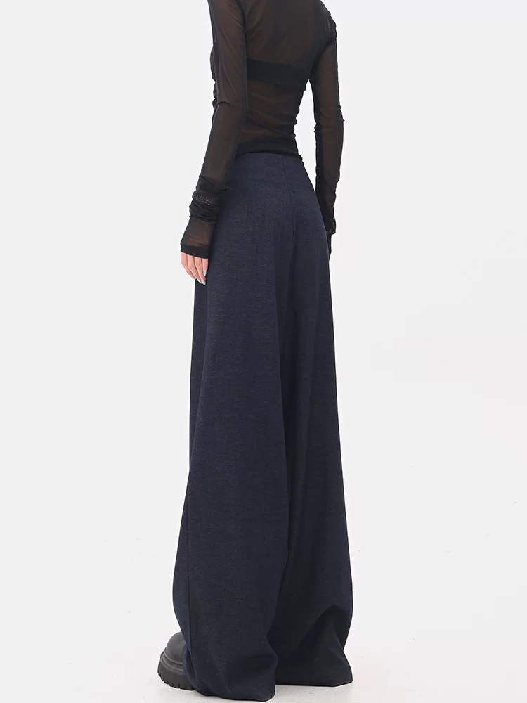 KEN STUDIO quần tây denim màu xanh mới mùa hè dành cho nữ, quần ống rộng giả hai mảnh xếp ly lưng cao.