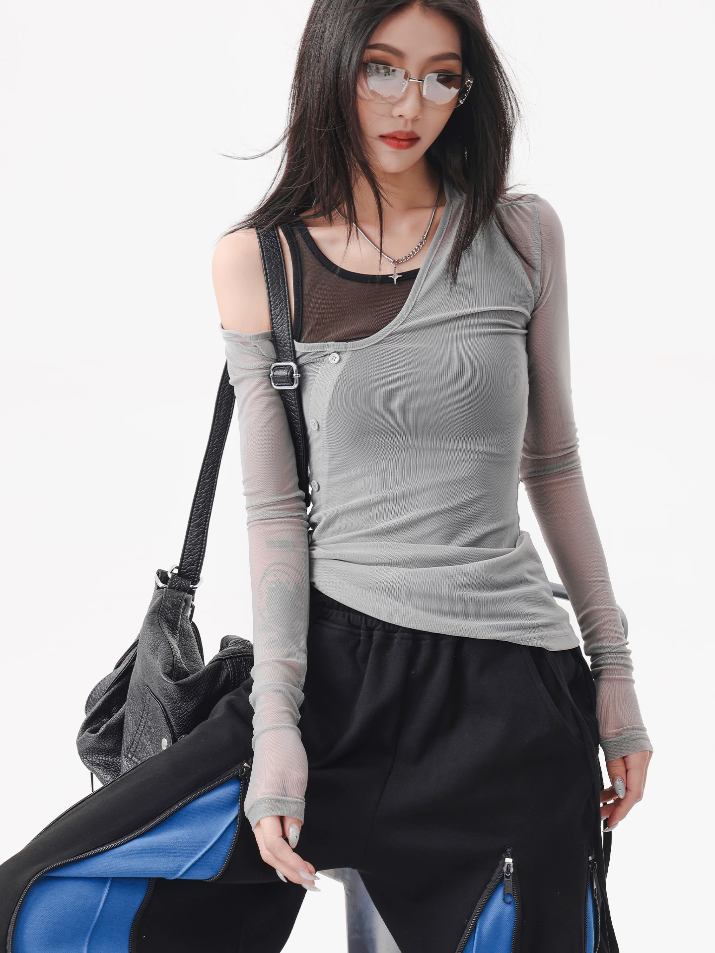 KEN STUDIO áo ba lỗ màu xám dáng ôm vừa vặn chống nắng che nắng giả hai mảnh áo thun dài tay lưới