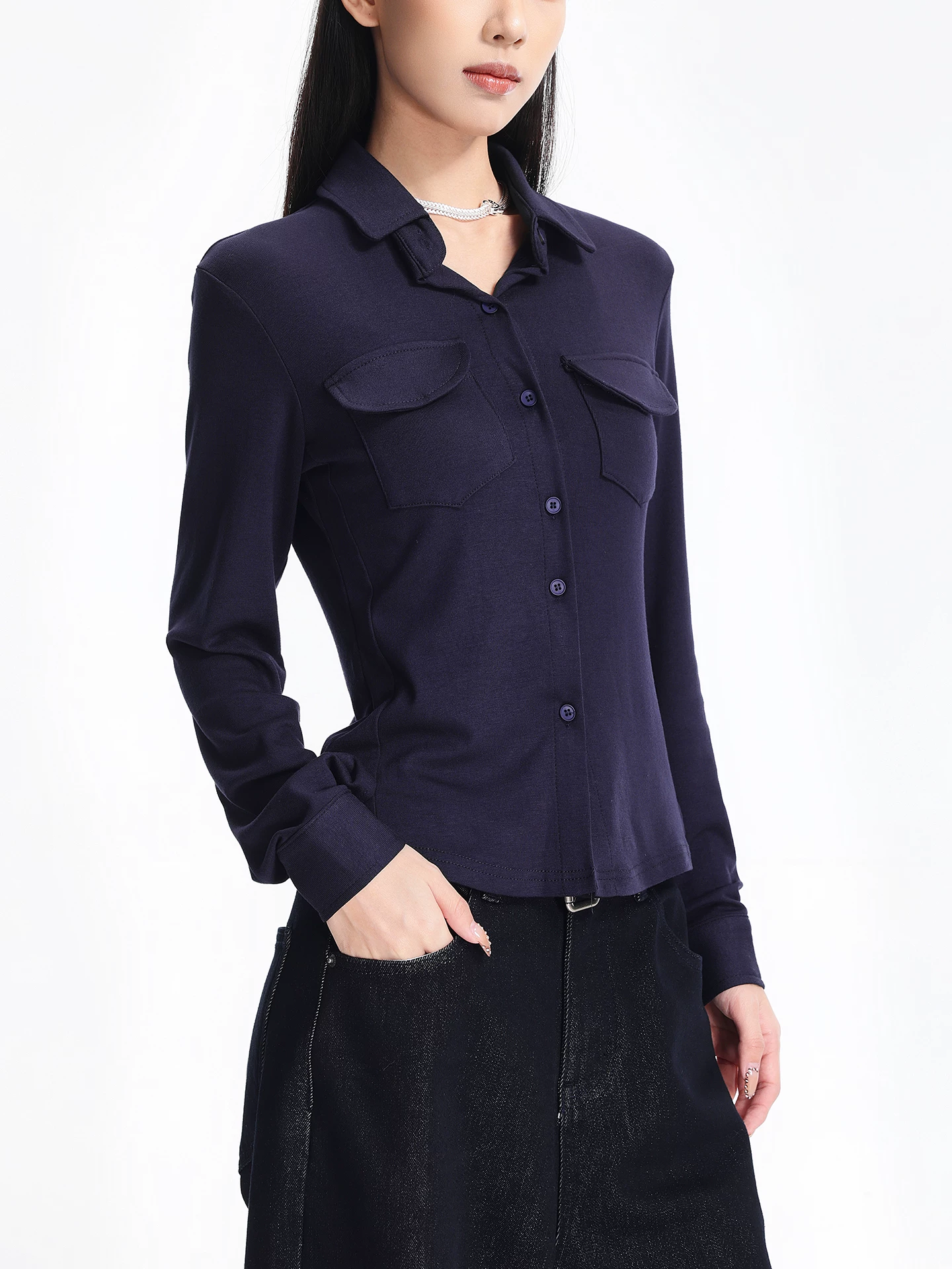 KEN STUDIO Áo sơ mi dài tay có cổ màu xanh hải quân phong cách mới mùa xuân thu dành cho nữ, vai thường, dáng rộng, giảm béo, áo thun đa năng