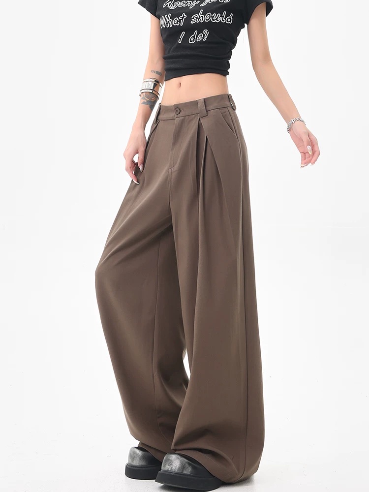 KEN STUDIO Quần âu ống rộng màu cà phê Melard dành cho nữ, phong cách mùa hè mới, quần xếp ly dáng rộng và xếp ly thông thường