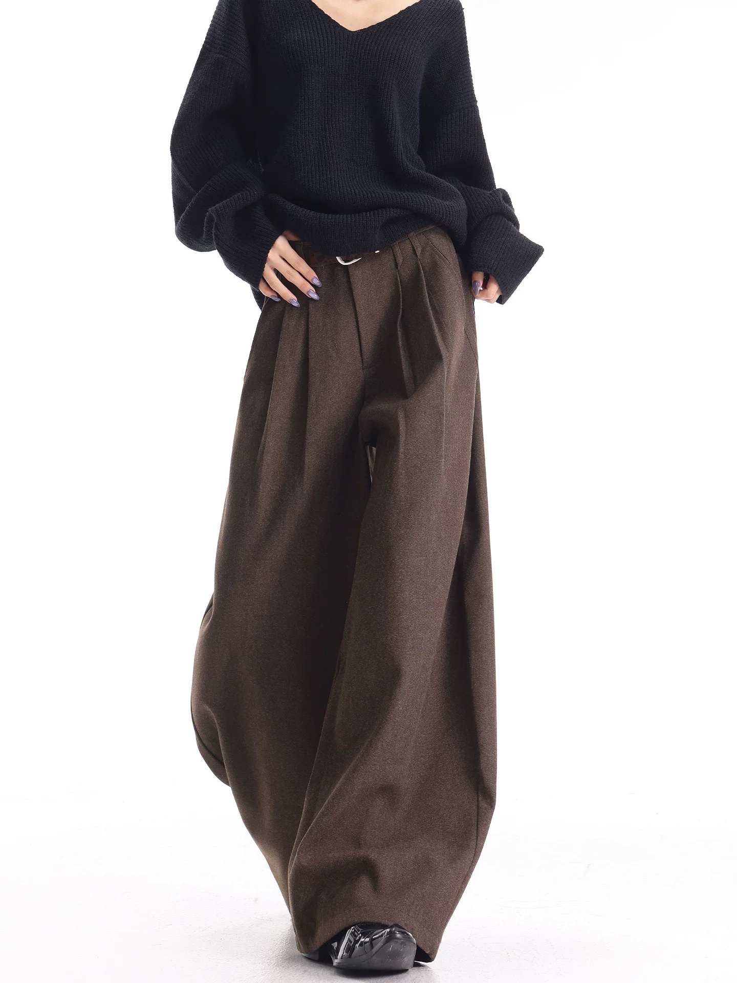 KEN STUDIO mùa thu đông mới phong cách cổ điển quần âu màu cà phê dành cho nữ, quần ống rộng đa năng phong cách retro