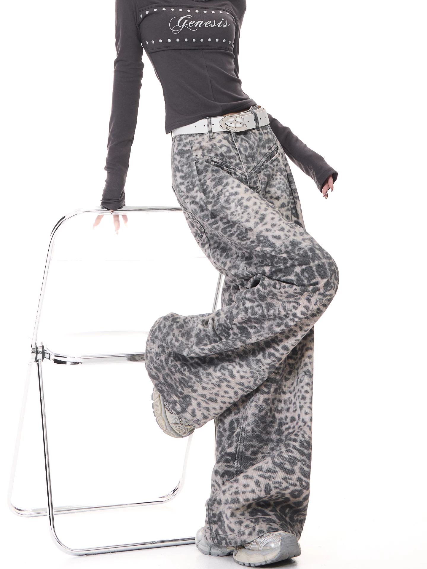 Quần jeans nữ KEN STUDIO Xuân Thu kiểu Mỹ mới, họa tiết da báo, cạp cao, dáng thẳng, tôn dáng, ống rộng