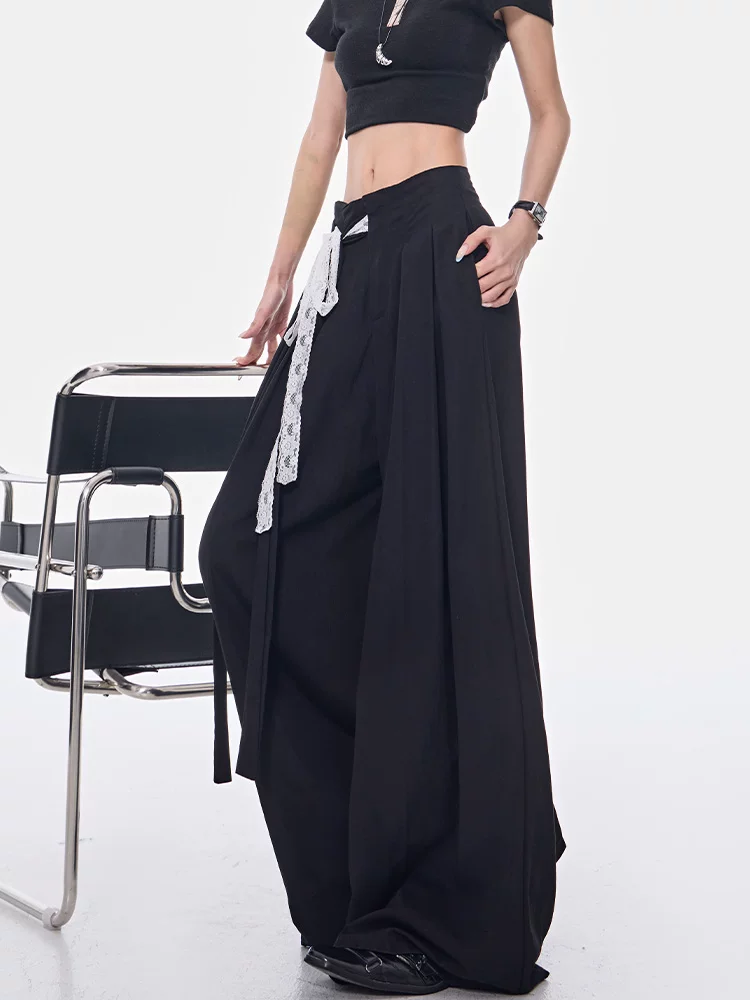 KEN STUDIO quần dài buộc dây chéo màu đen mới mùa xuân hè dành cho nữ, quần ống rộng lưng cao dáng rộng dài đến sàn