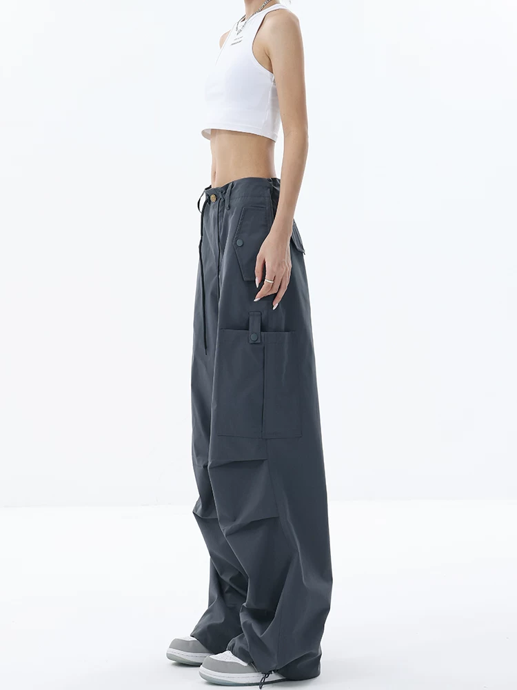 KEN STUDIO quần cargo ống rộng mới mùa xuân hè dành cho nữ, phong cách Mỹ, có dây thắt lưng, thiết kế túi lớn, quần jogger.