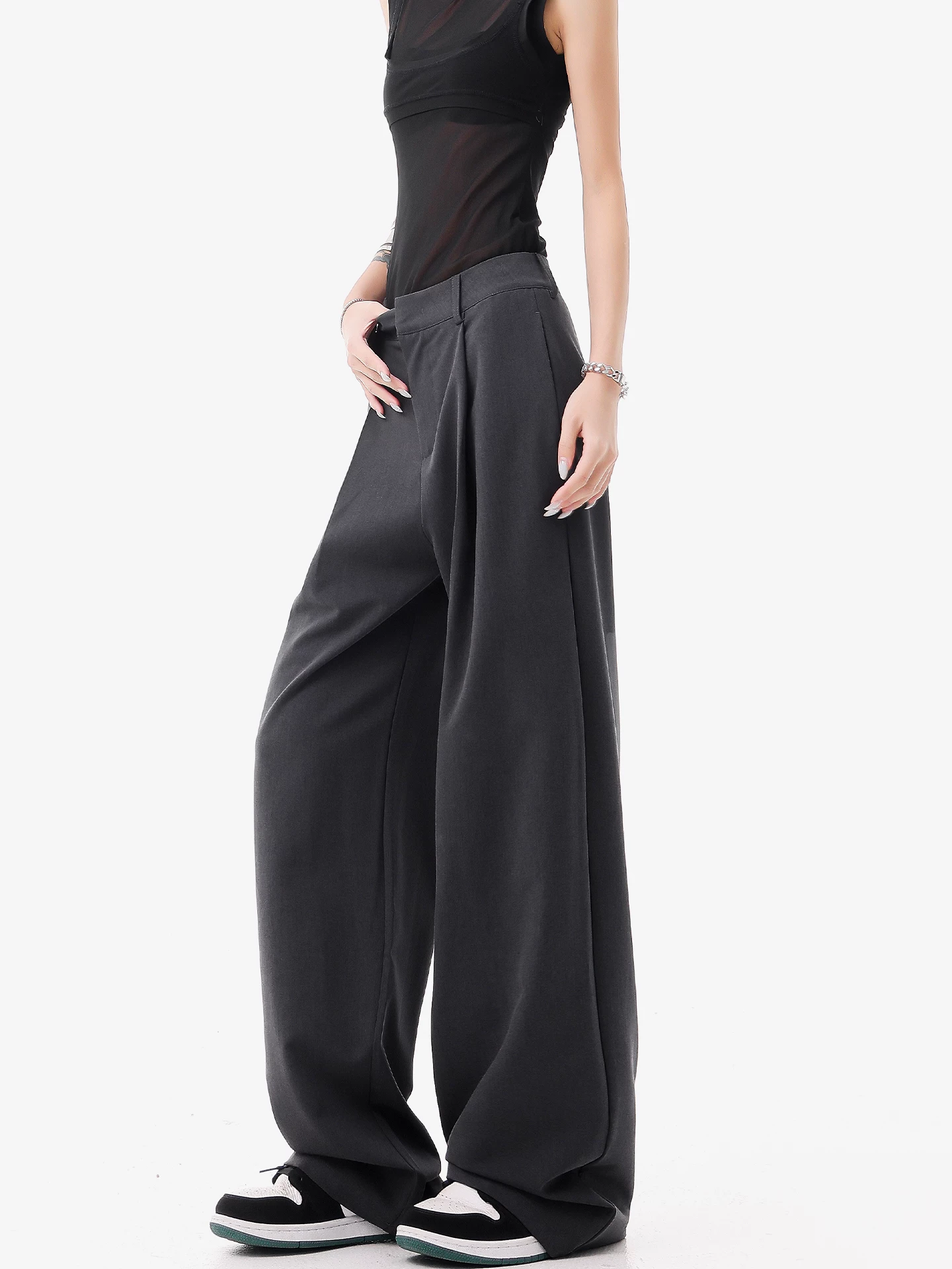 KEN STUDIO quần âu thường ngày màu xám mới mùa hè dành cho nữ, thiết kế thon gọn và che phủ cơ thể, quần ống rộng, quần công sở