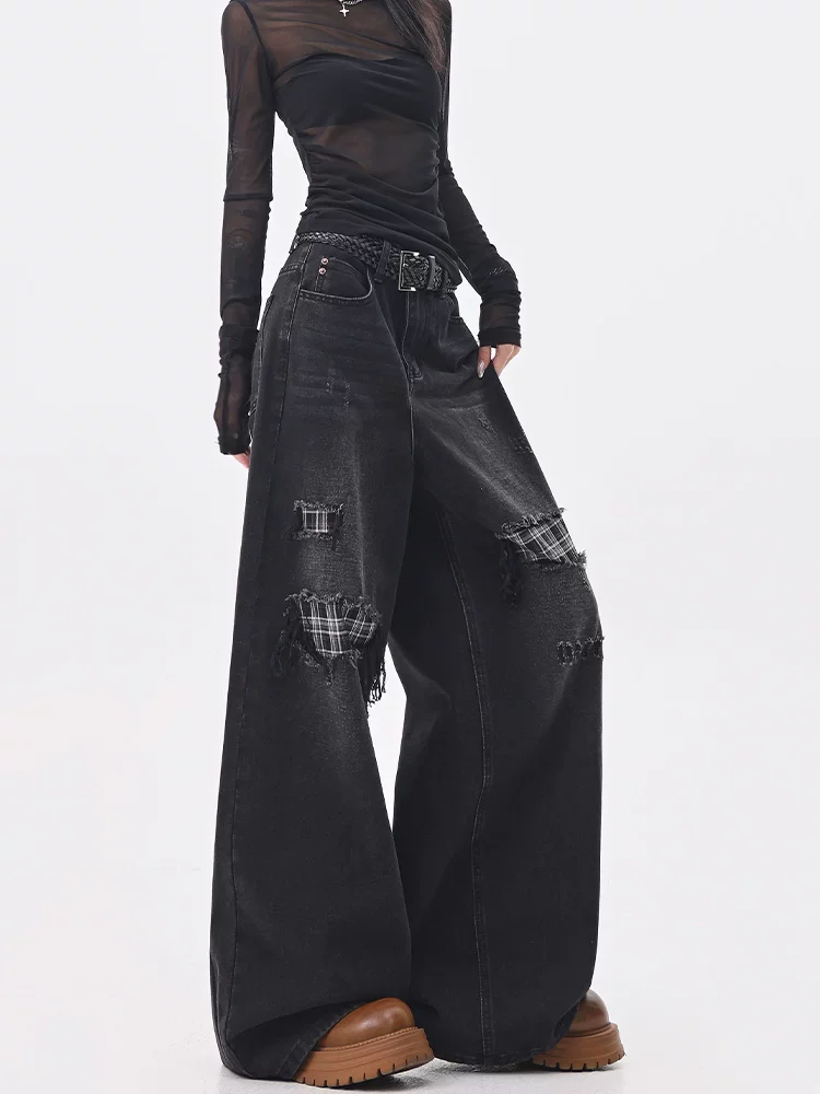 KEN STUDIO Quần jean chắp vá kiểu cổ điển Mỹ dành cho nữ, quần ống rộng dáng rộng mới mùa xuân thu.