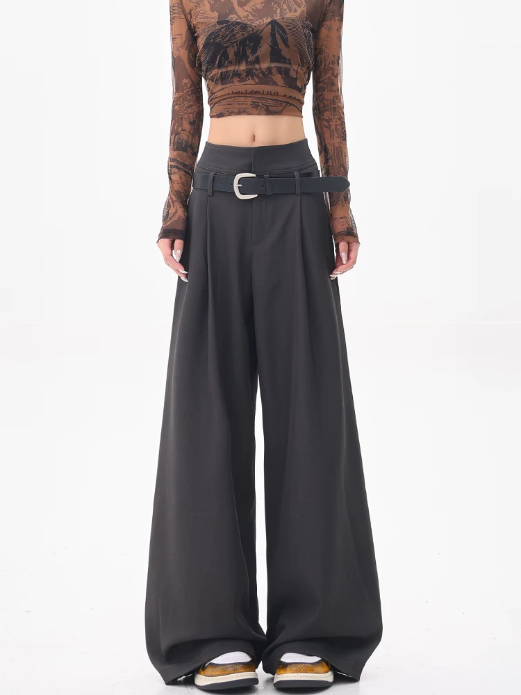 KEN STUDIO Quần tây ống rộng màu xám cao cấp mùa hè và mùa thu mới dành cho nữ, quần dáng rộng, tôn dáng và xếp nếp, quần thường ngày