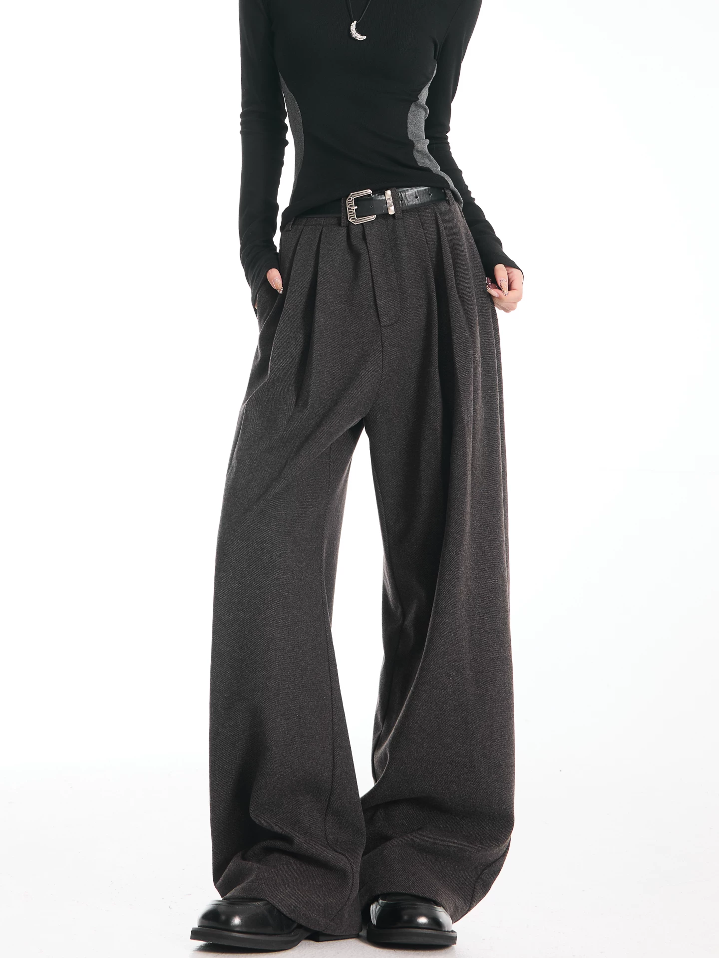 KEN STUDIO Quần tây ống rộng dày màu xám đậm thu đông mới dành cho nữ, quần ống rộng dáng rộng, quần ống thẳng