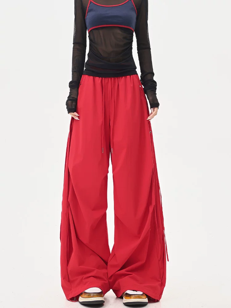 KEN STUDIO mùa hè màu đỏ khiêu vũ đường phố có dây buộc quần thường ngày khô nhanh quần thể thao nữ lưng cao giảm béo quần lính nhảy dù