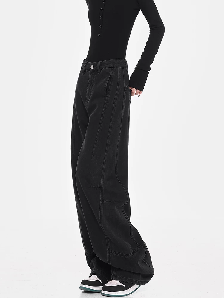 Quần jean cao cấp lót lông cừu mùa thu đông của KEN STUDIO dành cho nữ, quần ống rộng dáng rộng, quần dài ngang sàn