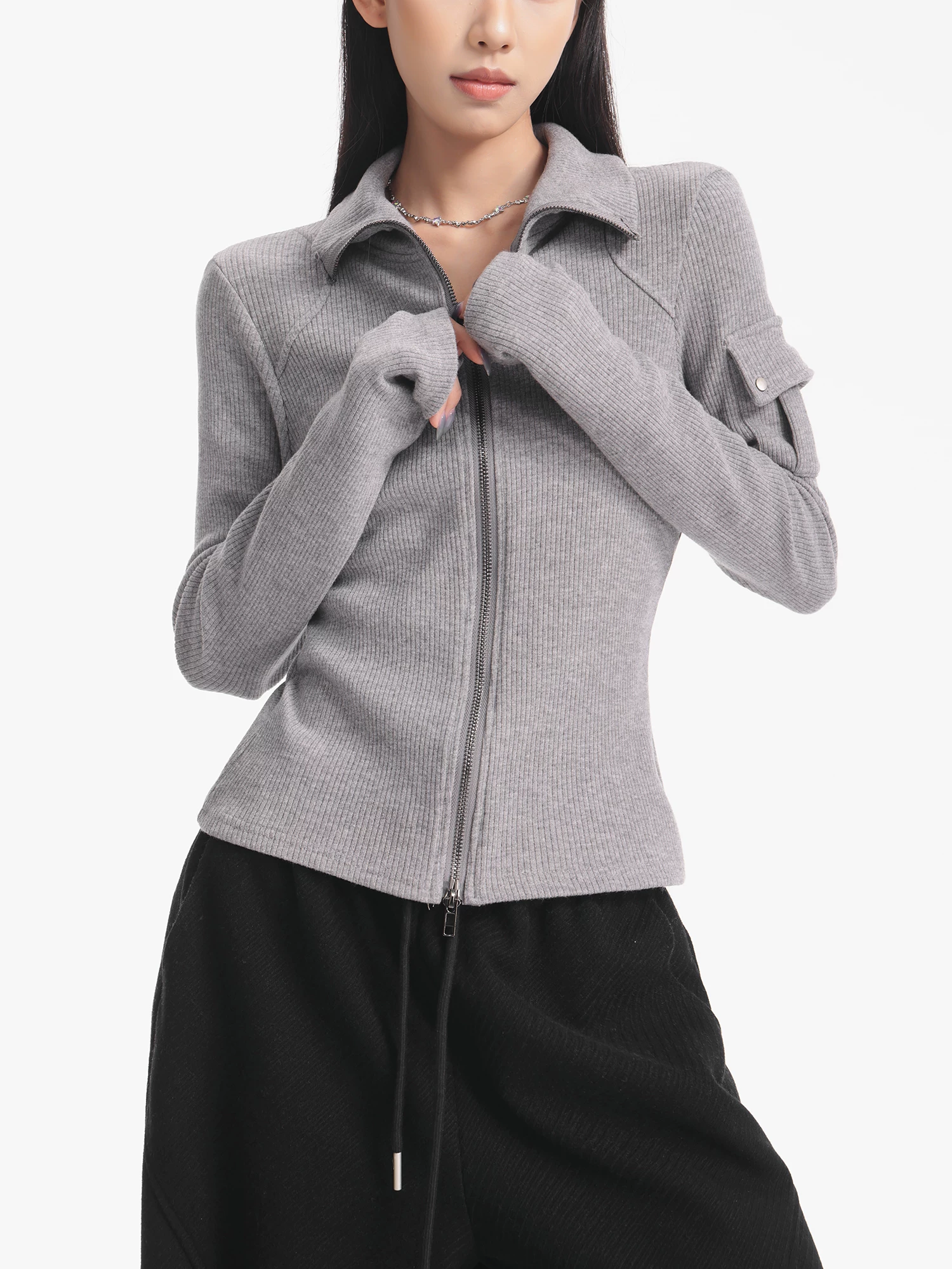 KEN STUDIO Áo khoác dệt kim màu xám mới mùa thu đông dành cho nữ có khóa kéo đôi ve áo cardigan dáng ôm dài tay