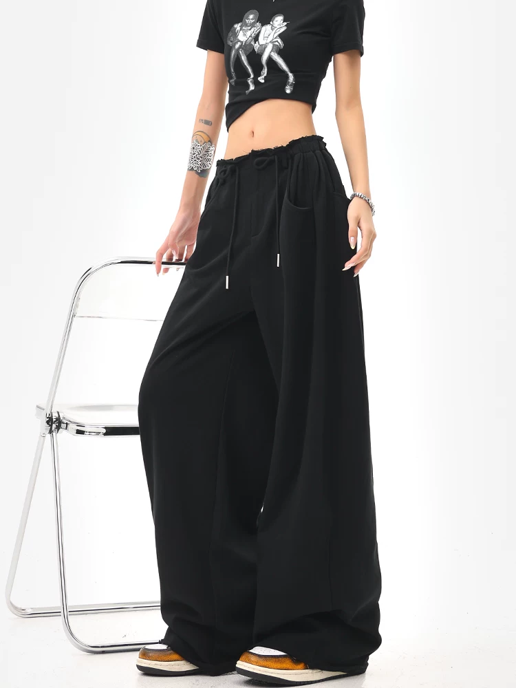 KEN STUDIO Quần thể thao dây rút màu đen phong cách đường phố Mỹ Quần ống rộng lưng cao dáng rộng dành cho nữ