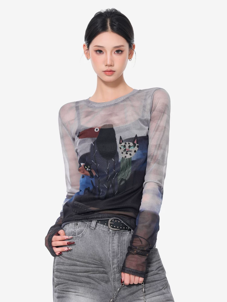 Áo thun dài tay in lưới mới của KEN STUDIO mùa xuân hè, hơi co giãn, hơi xuyên thấu, ôm vừa vặn, áo nữ đa năng