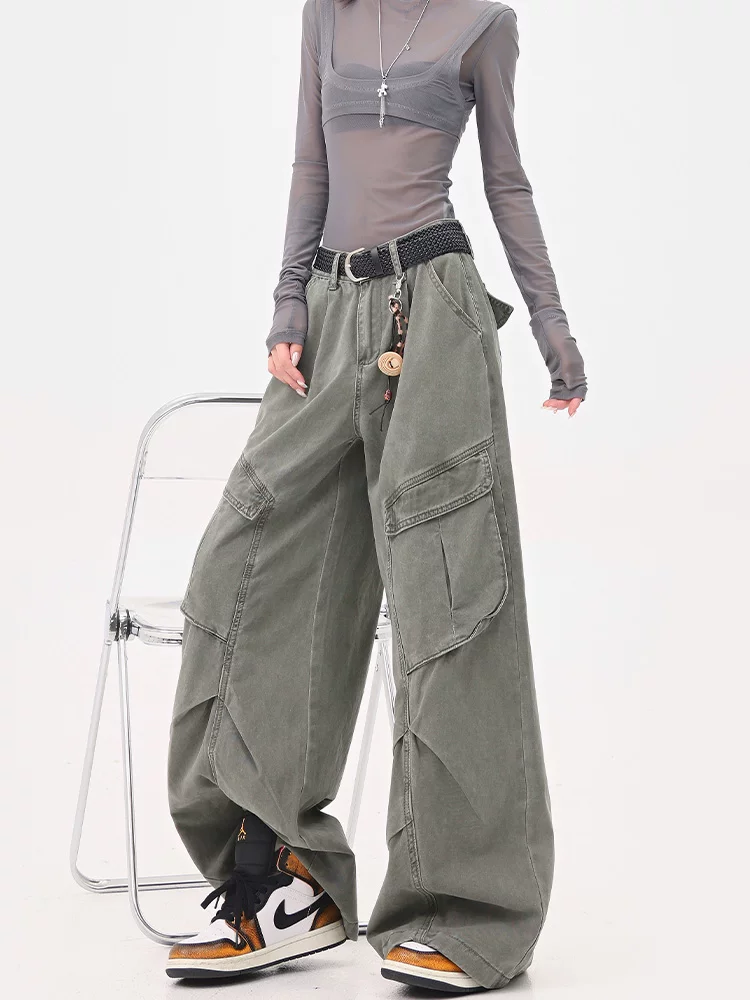 KEN STUDIO mùa hè mới quần jean công sở kiểu vintage được thiết kế theo phong cách vintage dành cho nữ với thiết kế xếp ly, quần ống rộng dáng rộng