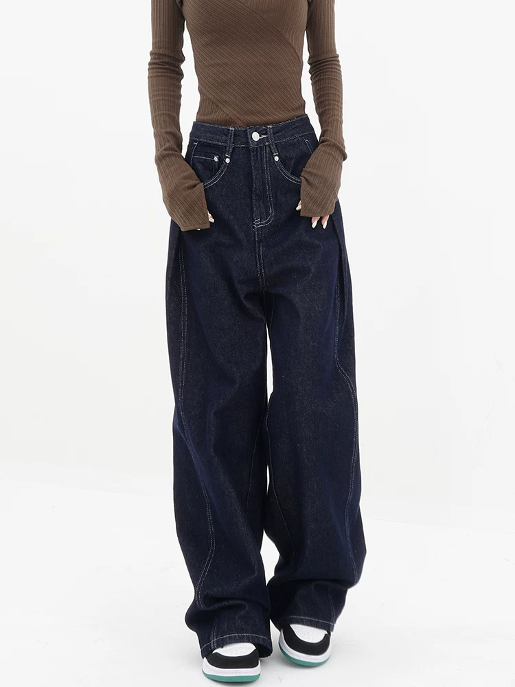 KEN STUDIO Quần jean ống đứng mới mùa xuân thu dành cho nữ, quần ống rộng dáng rộng phong cách đường phố, quần dài cạp cao