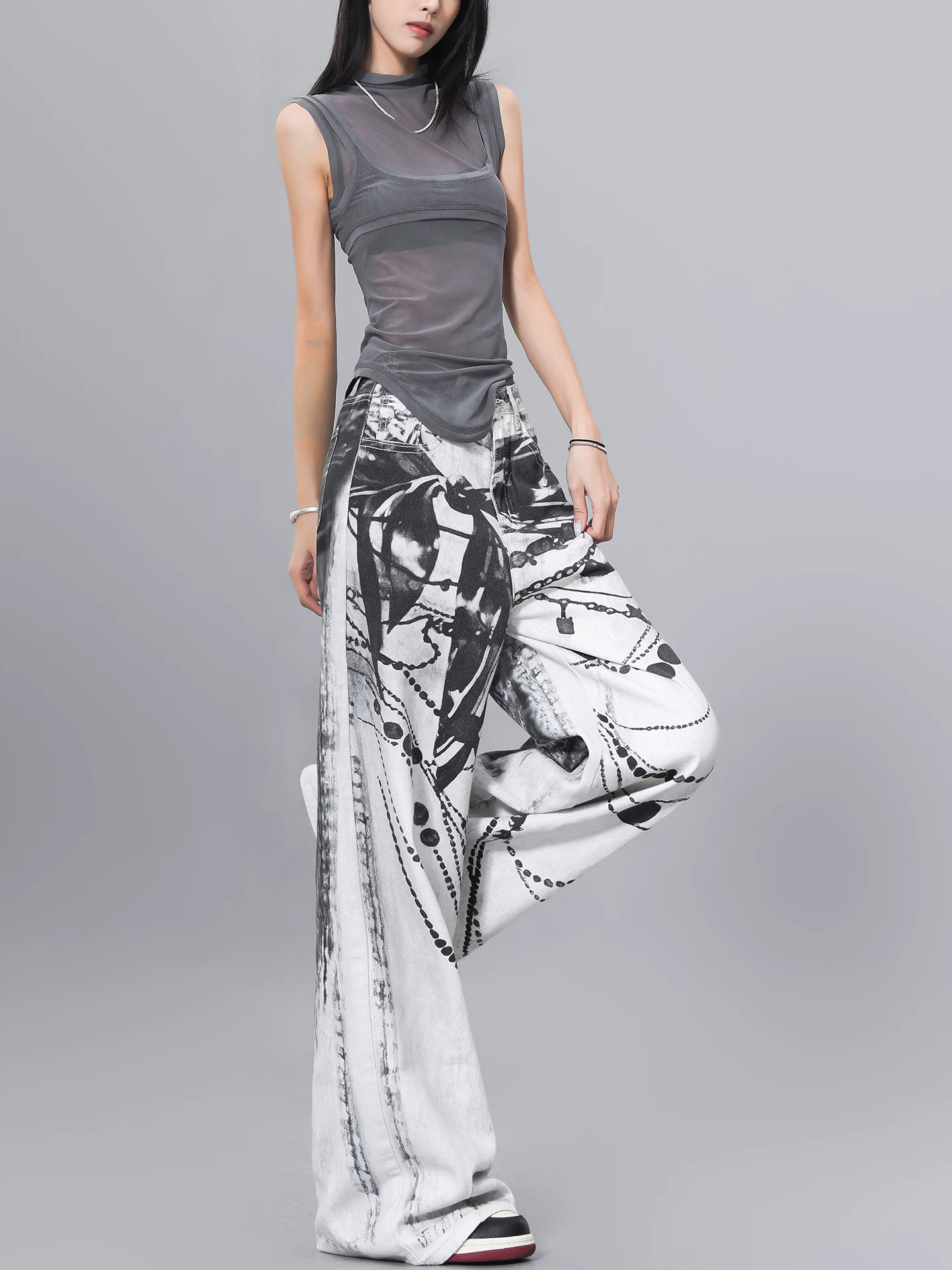 Quần jean denim in mực KEN STUDIO dành cho nữ, phong cách đường phố mùa hè, quần cạp cao, dáng rộng và quần giảm béo