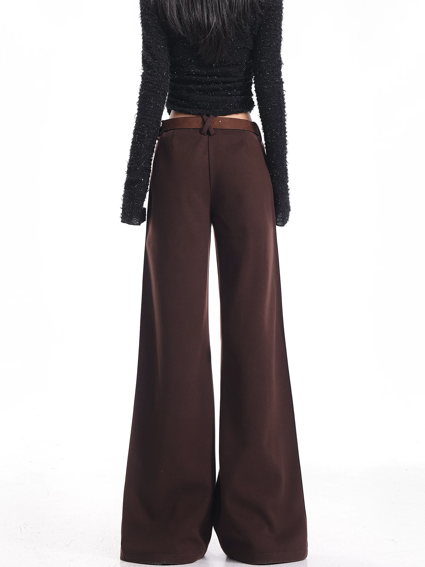 KEN STUDIO Quần âu ống loe màu cà phê thu đông mới dành cho nữ, chất liệu len dày, ôm dáng, quần ống rộng.