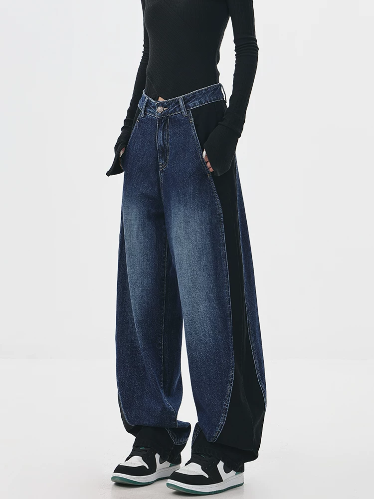 KEN STUDIO quần jean lót lông cừu mới thu đông dành cho nữ với thiết kế màu sắc tương phản, quần ống rộng dáng rộng