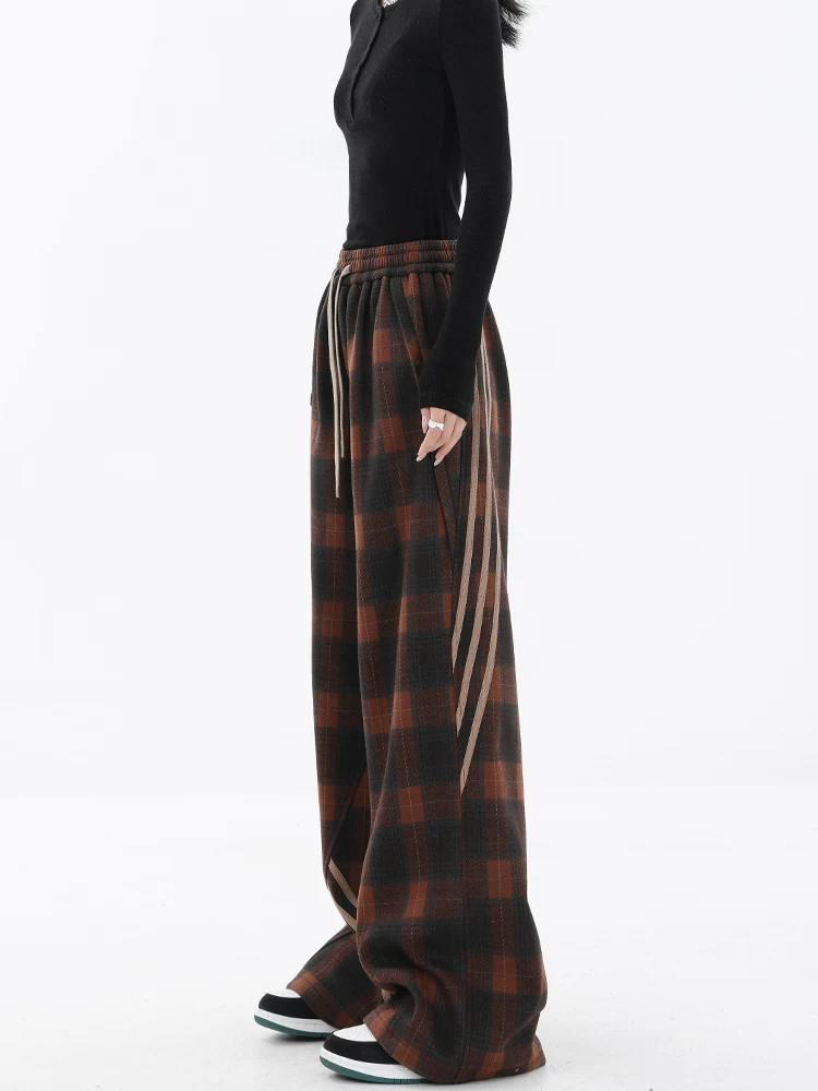 KEN STUDIO quần kẻ sọc giản dị theo phong cách retro mới mùa thu đông dành cho nữ với thiết kế màu sắc tương phản quần ống rộng thẳng