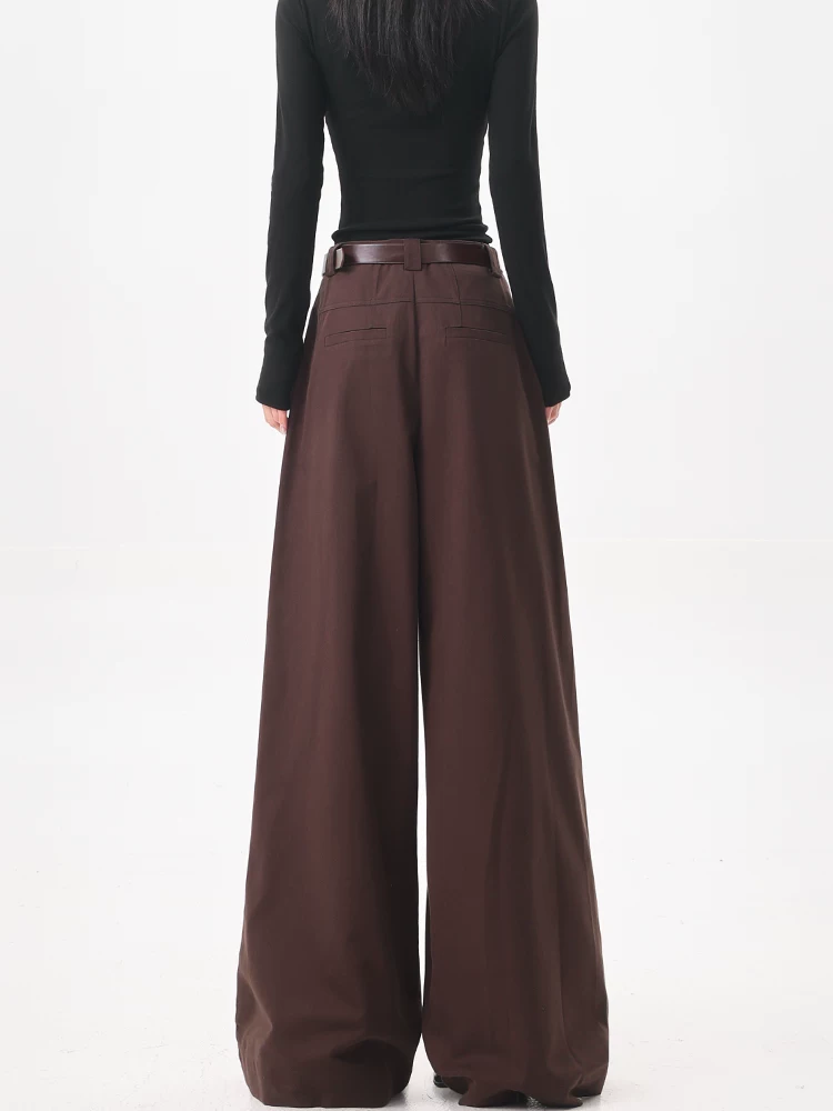 KEN STUDIO Quần tây ống rộng màu nâu Melard mùa hè và mùa thu mới dành cho nữ, quần cạp cao, dáng rộng và xếp nếp, quần thường ngày