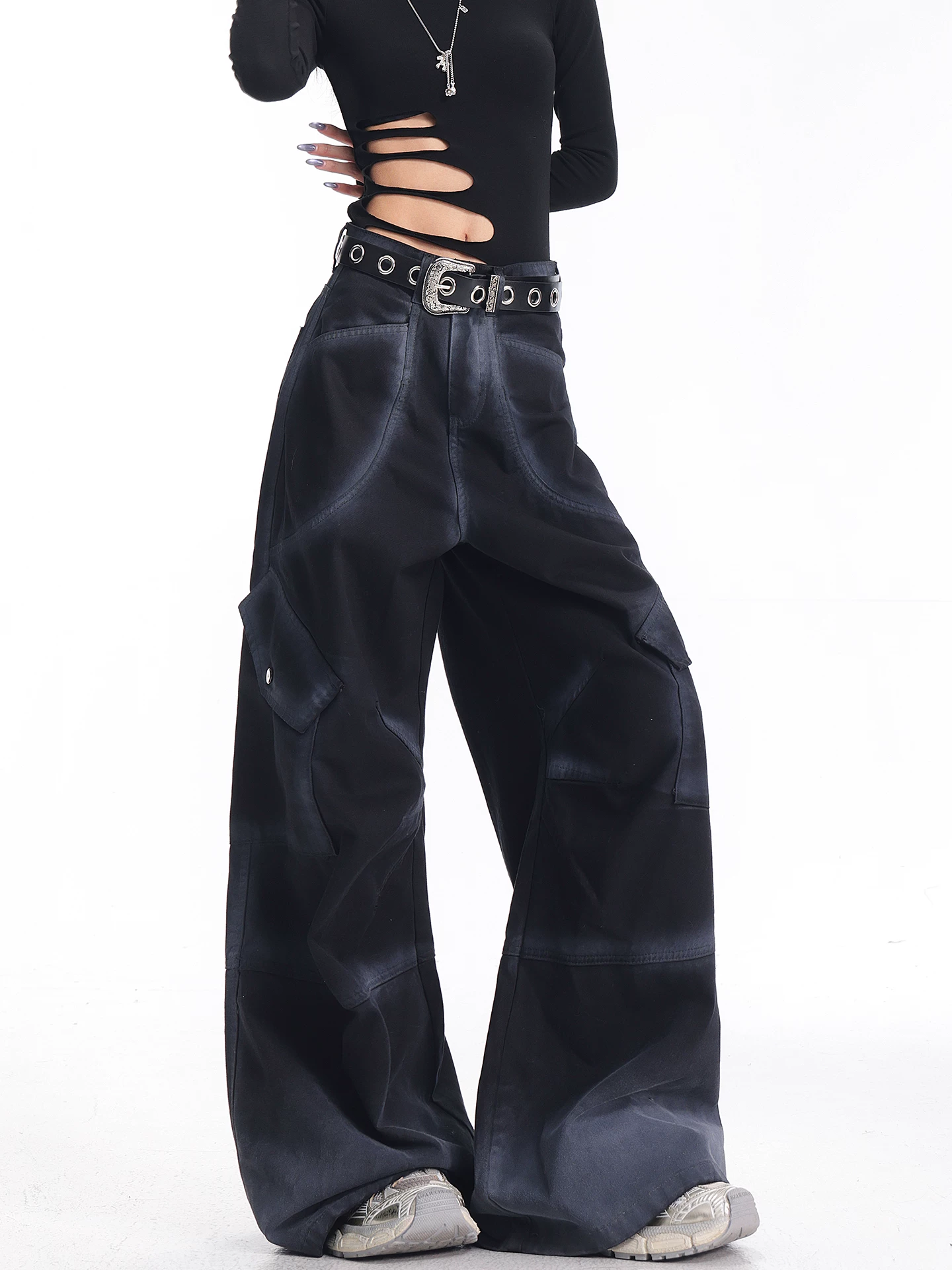 KEN STUDIO Quần ống rộng màu đen phong cách Mỹ mới thu đông dành cho nữ với thiết kế chuyển màu Quần dài đa năng