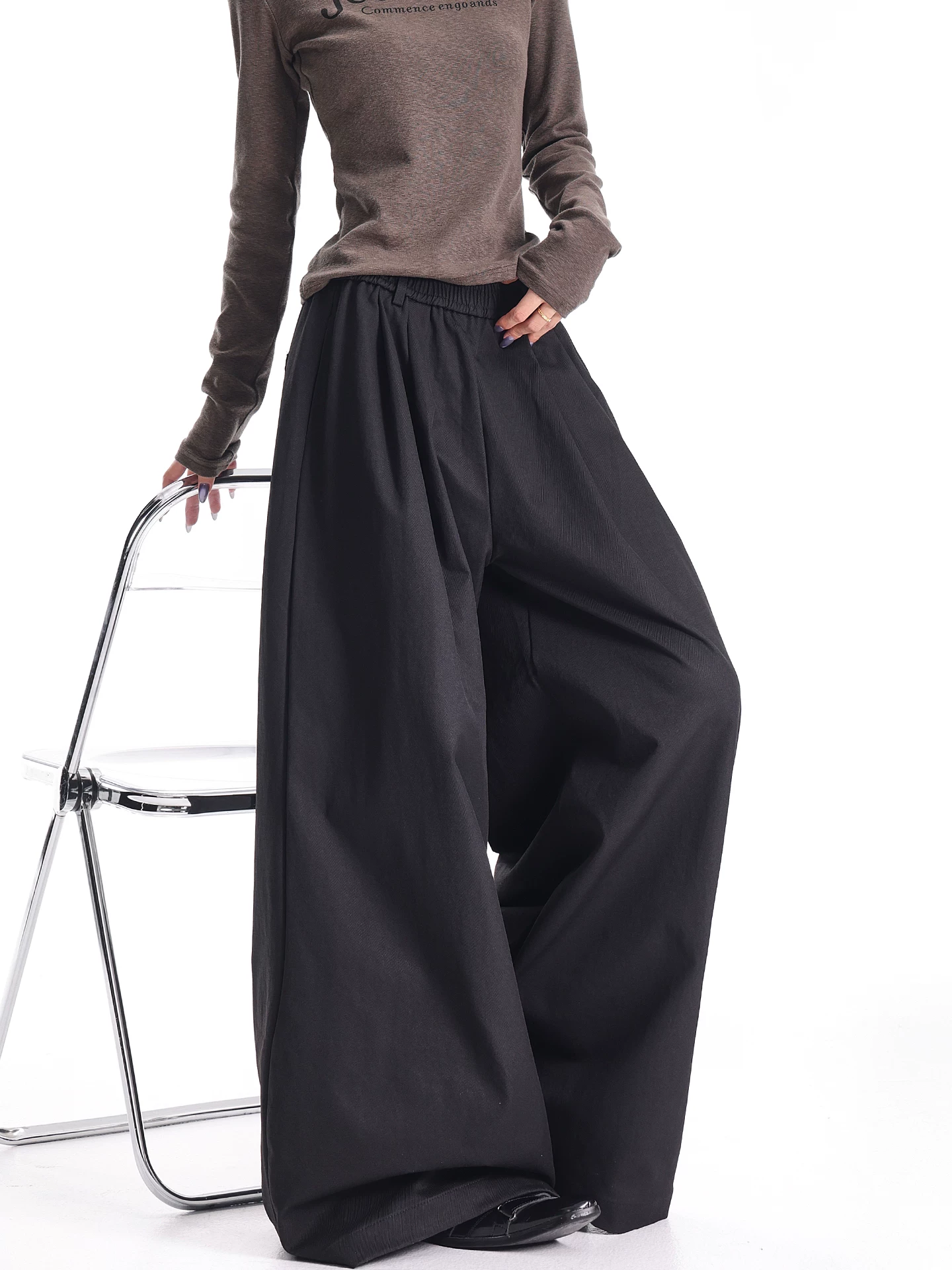 KEN STUDIO2025 Quần ống rộng màu đen mới thu đông dành cho nữ, dáng rộng, thon gọn, quần Yamamoto ống thẳng đa năng