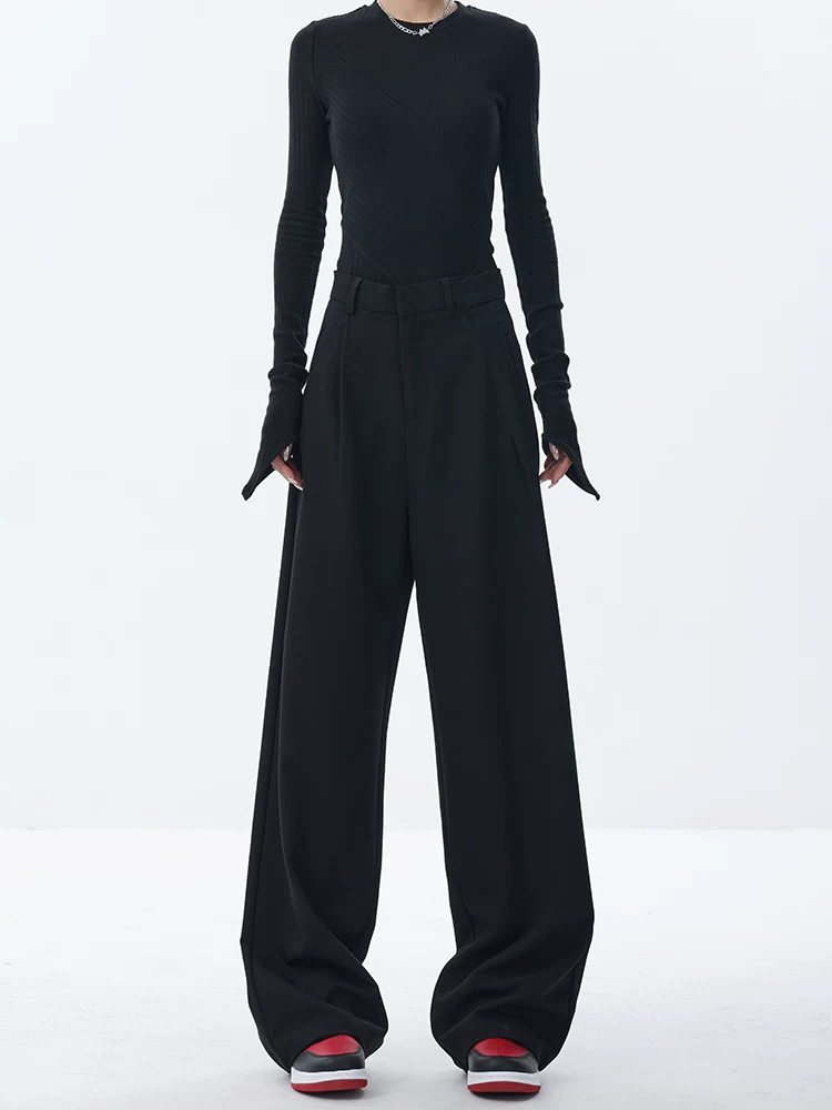 KEN STUDIO quần vest thường ngày màu đen mới nguyên bản dành cho nữ, quần ống rộng thiết kế rộng rãi và mềm mại.