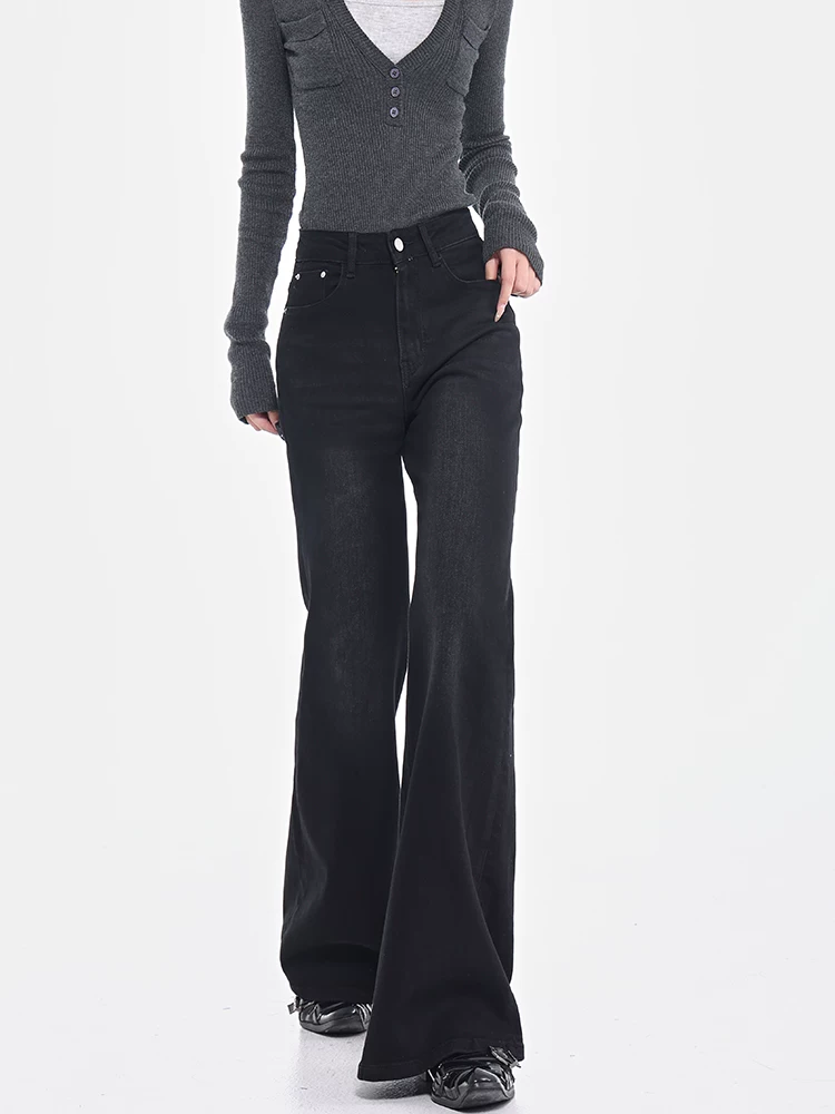 KEN STUDIO Xuân Thu Quần Jean ống loe màu đen mới dành cho nữ, Quần thun lưng cao co giãn giảm béo Hot Girl Quần đáy chuông