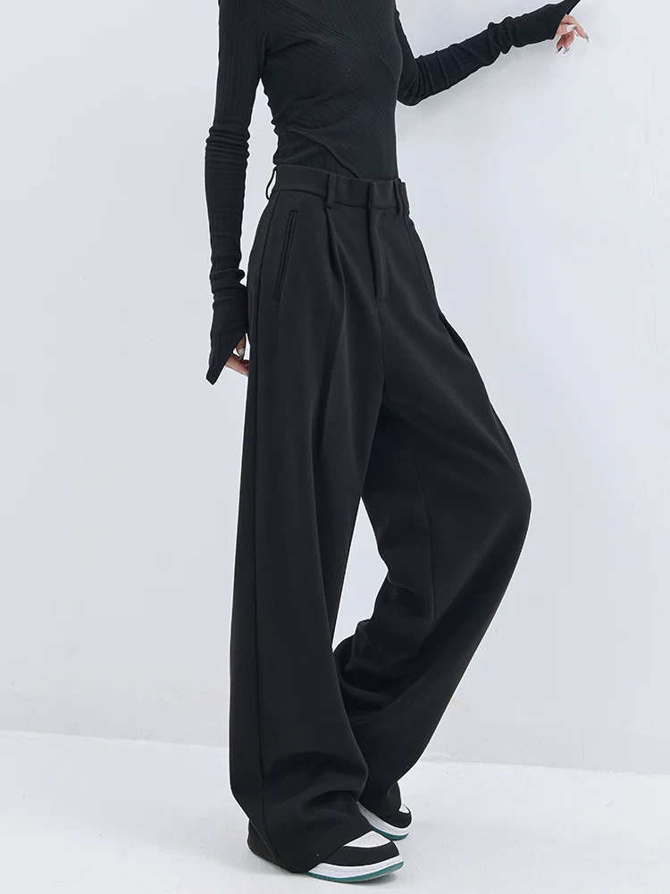 Quần âu ống rộng bằng len dày mùa thu đông của KEN STUDIO dành cho nữ, quần dài dáng rộng màu đen, quần dài thường ngày