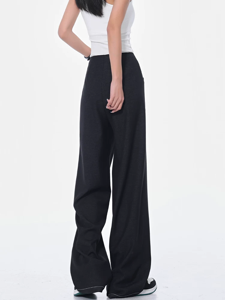 KEN STUDIO Xuân Thu Quần tây ống rộng màu đen mới dành cho nữ có thiết kế đường khâu, lưng cao, xếp nếp, quần ống rộng giảm béo