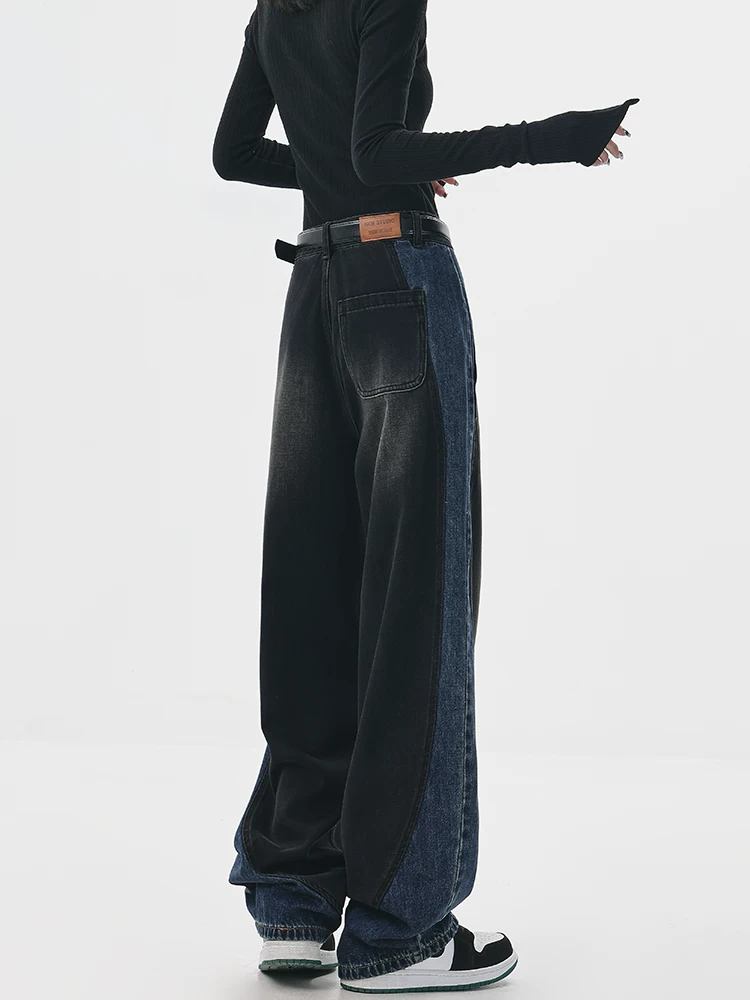 KEN STUDIO quần jean chắp vá màu sắc cổ điển mới mùa thu đông dành cho nữ, quần ống rộng cạp cao giúp thon gọn.