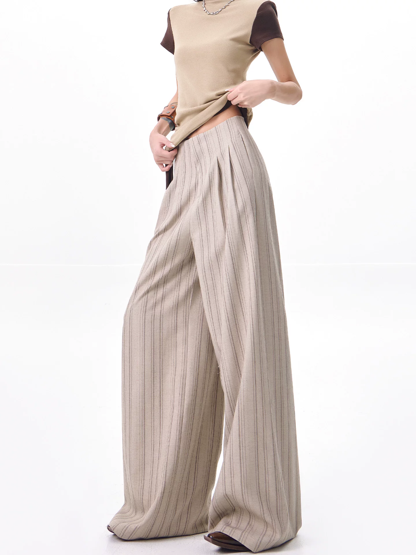 KEN STUDIO Xuân Thu Màu Mới Quần Sọc Phù Hợp Với Nữ Cao Cấp Rời Drap Giảm Béo Quần Ống Rộng