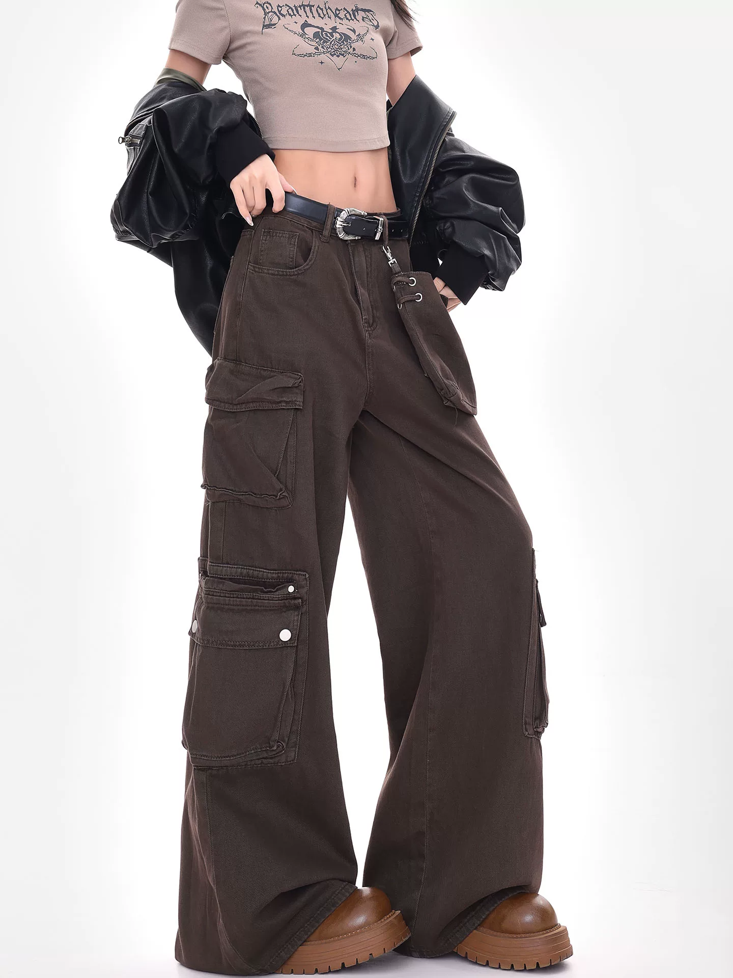 KEN STUDIO quần cargo màu cà phê mới đầu thu dành cho nữ, quần ống rộng thiết kế cổ điển kiểu Mỹ.