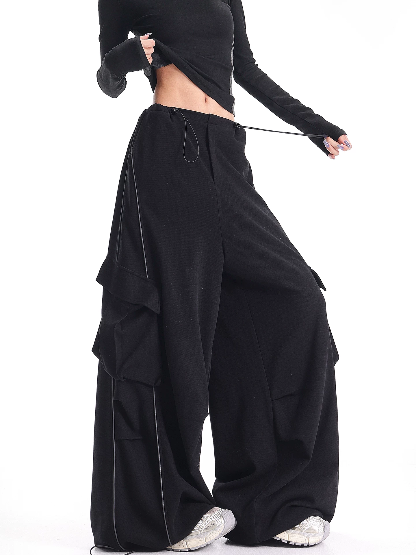 KEN STUDIO mùa thu đông mới quần dài xếp ly phong cách Mỹ quần dài xếp ly kiểu lính dù quần thể thao ống rộng quần ống rộng dành cho nữ