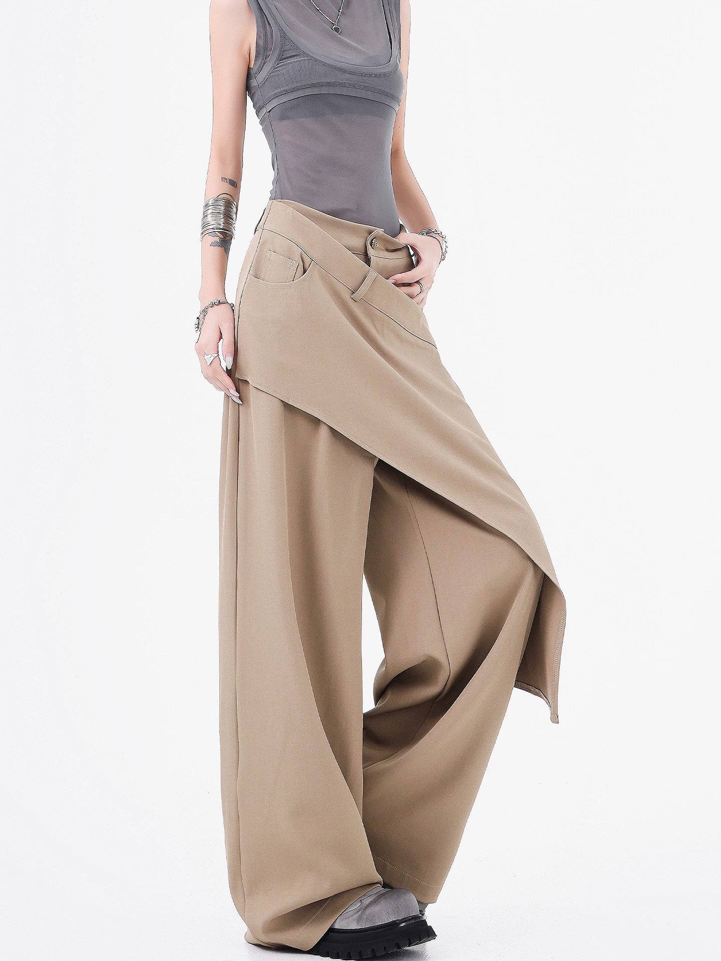 Quần vest chắp vá không đều kiểu dáng KEN STUDIO dành cho nữ, quần dài xếp ly dáng thẳng lưng cao mùa hè