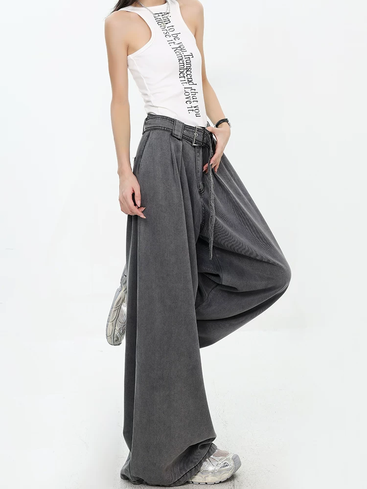 KEN STUDIO mùa hè mới kiểu Mỹ cổ điển màu đen siêu mềm mỏng quần denim ống rộng dáng rộng giảm béo