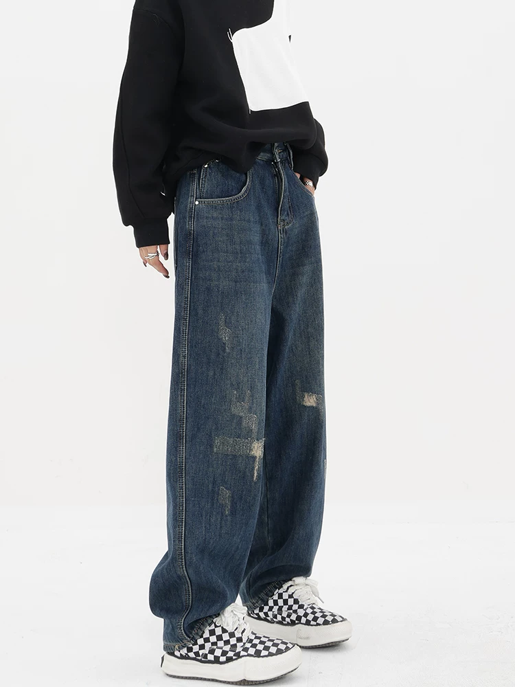 Quần jean harem màu xanh cổ điển của KEN STUDIO dành cho nữ, quần thường ngày dáng ôm dày hình quả cà rốt có lót lông cừu mùa thu đông.