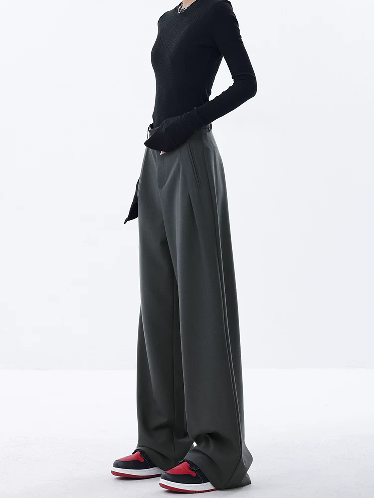 KEN STUDIO thiết kế độc đáo quần tây ống đứng màu xám đậm dành cho nữ, quần ống rộng dáng rộng, dáng rộng, dáng rộng